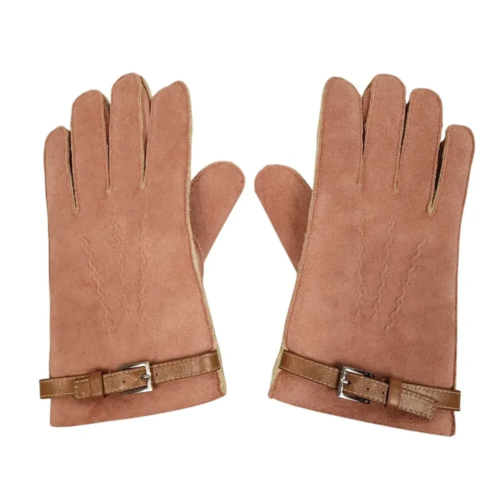 Talbots Womens Faux Suede Driving Gloves Sz S/M Sherpa Lined Belted Pink